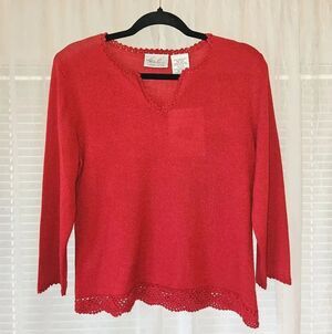 Kathie Lee Collection Brick Red Crochet Hem Split Neck Pullover Knit Top